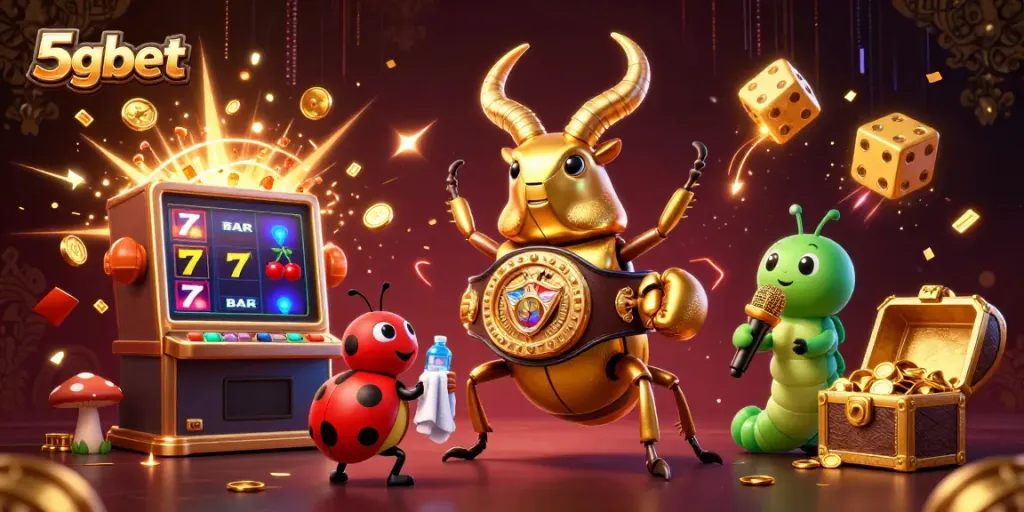 Engage with the vibrant 5gbet gaming scene featuring a golden stag beetle boxing champion against a backdrop of thrilling slot machine action.