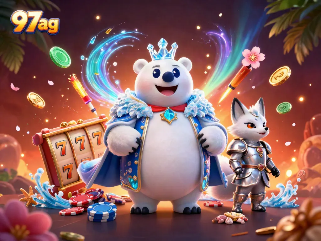Celebrate wins at 97ag with a vibrant casino scene featuring a polar bear and fox!