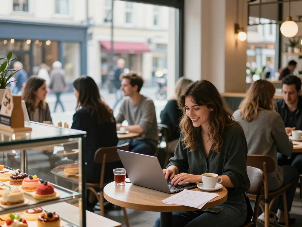 A young woman enjoying a warm cup of coffee while working on her laptop in a lively café, capturing the essence of having a crush on the atmosphere.