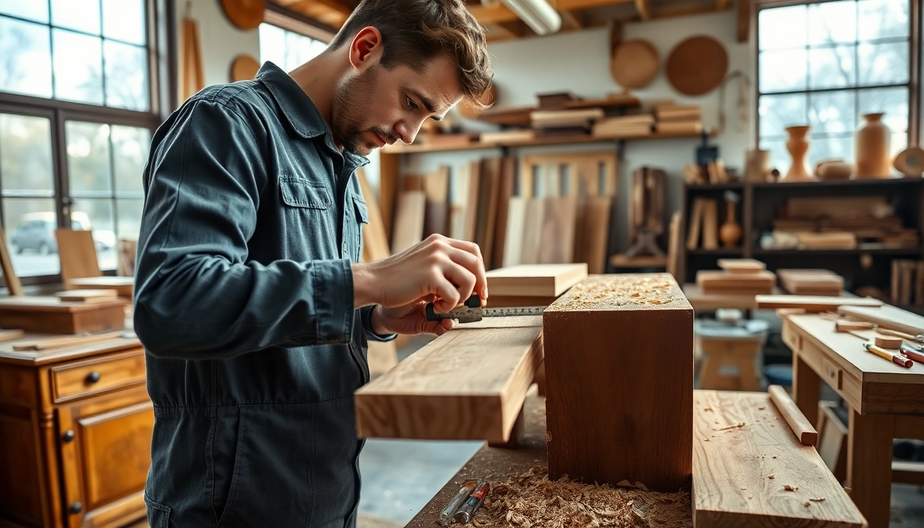 Cabinet maker measuring oak wood in a bright workshop filled with handcrafted furniture.