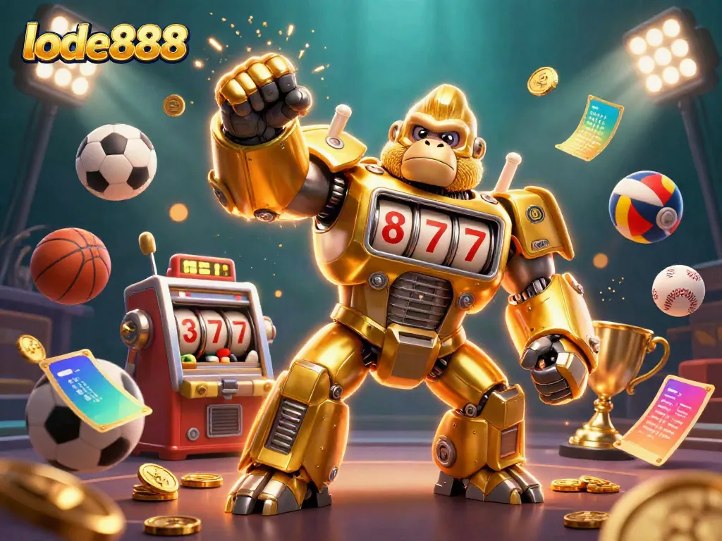 Experience high-stakes excitement with lode888, featuring a golden gorilla mech and sports elements in an action-packed casino scene.