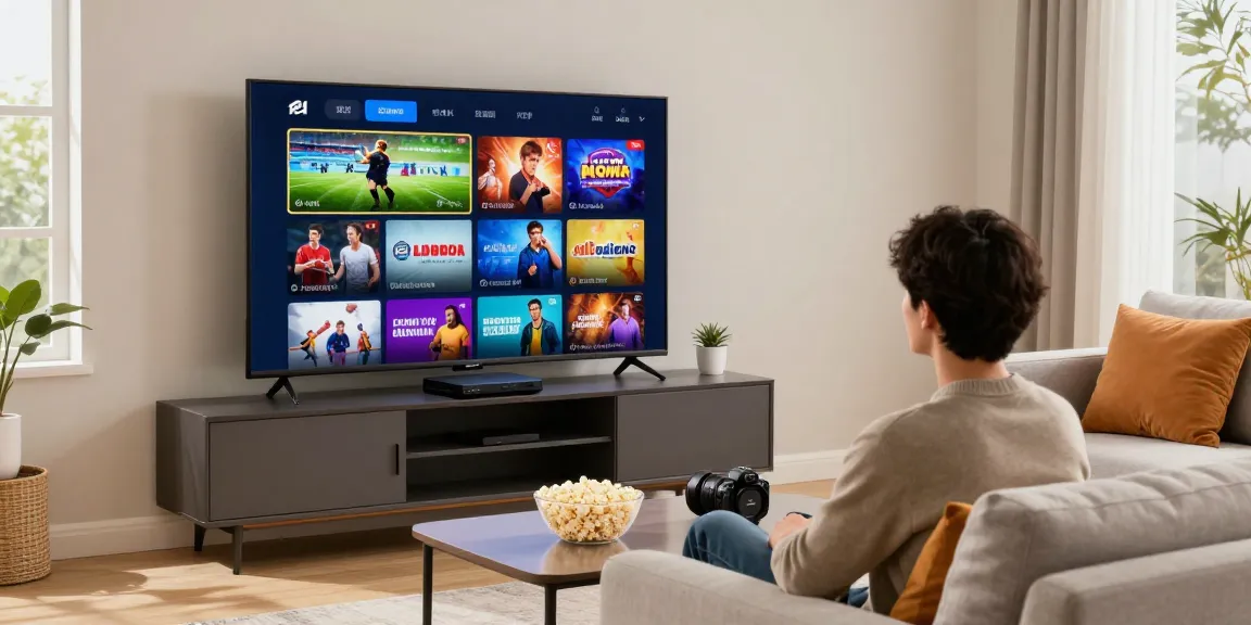 Aproveite o entretenimento IPTV com um sofá confortável e TV grande.