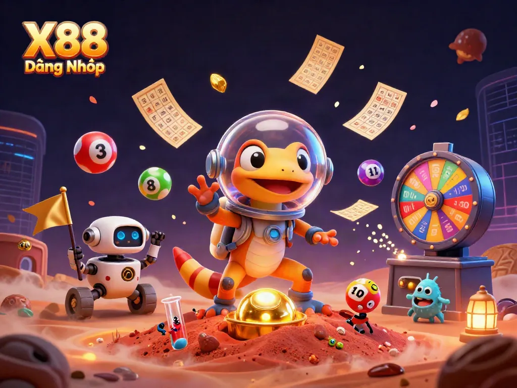 Engage with X88 Đăng Nhập, where a Martian gecko uncovers a golden casino amidst vibrant lottery balls and dynamic game elements.