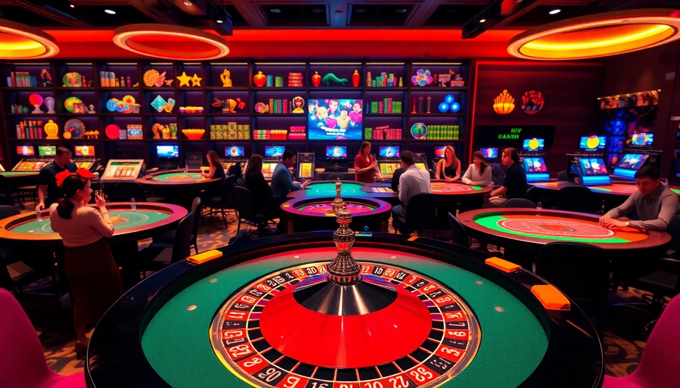 Casino Bonus ohne Einzahlung Neu - Modern poker and roulette tables in a vibrant casino setting.