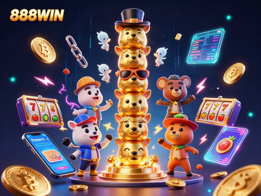 Spin to win with 888WIN, showcasing dynamic casino excitement and crypto elements for gamblers