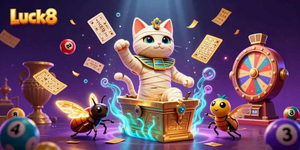 Experience the vibrant excitement of Luck8 with an Egyptian mummy cat and casino elements bursting with energy.