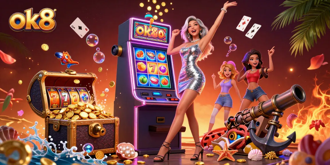 Spin to win with ok8 in a vibrant casino scene featuring a jubilant female player and a slot machine.