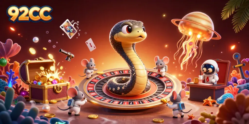 Experience thrilling bets with 92CC in an energetic cosmic casino scene featuring vibrant characters.