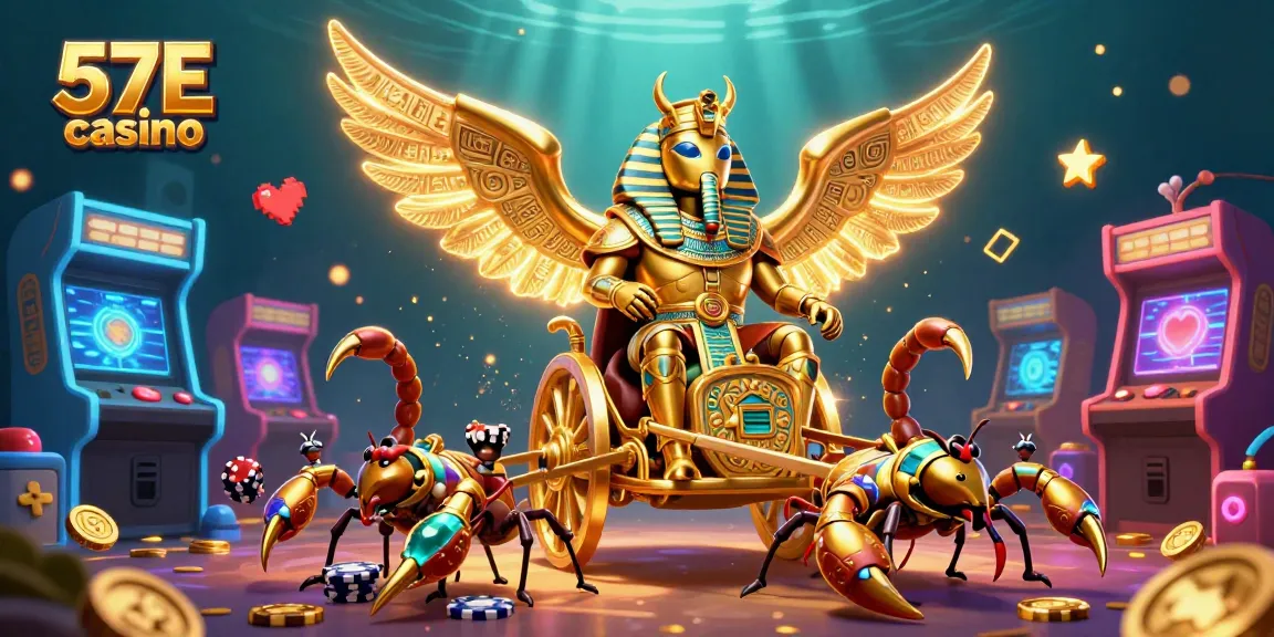 Experience the vibrant excitement of 57E casino with a dynamic 3D scene filled with unique characters and games.