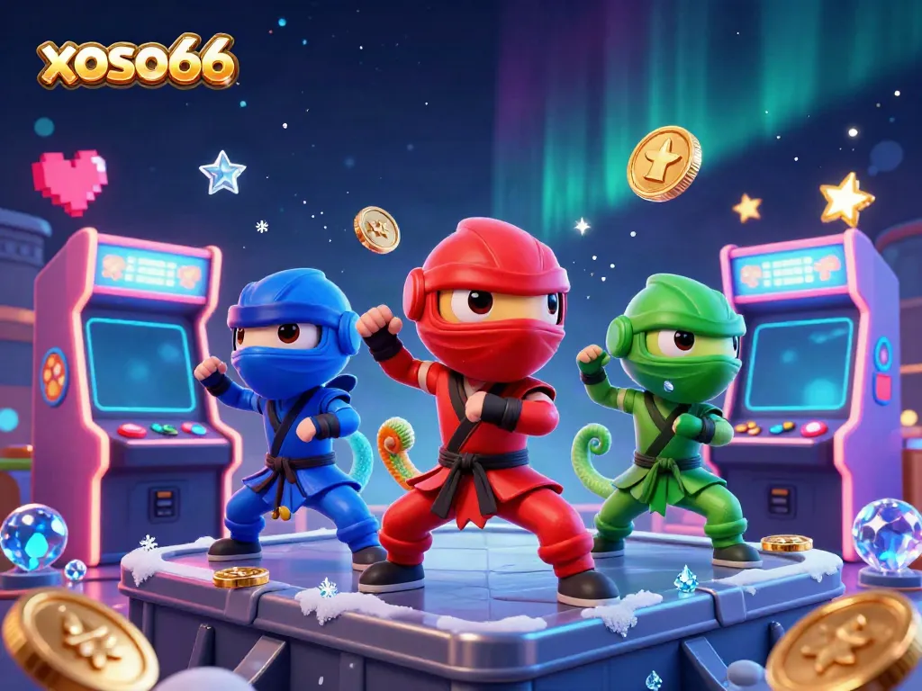 xoso66 showcases a ninja chameleon team in a vibrant casino setting, celebrating winning moments.