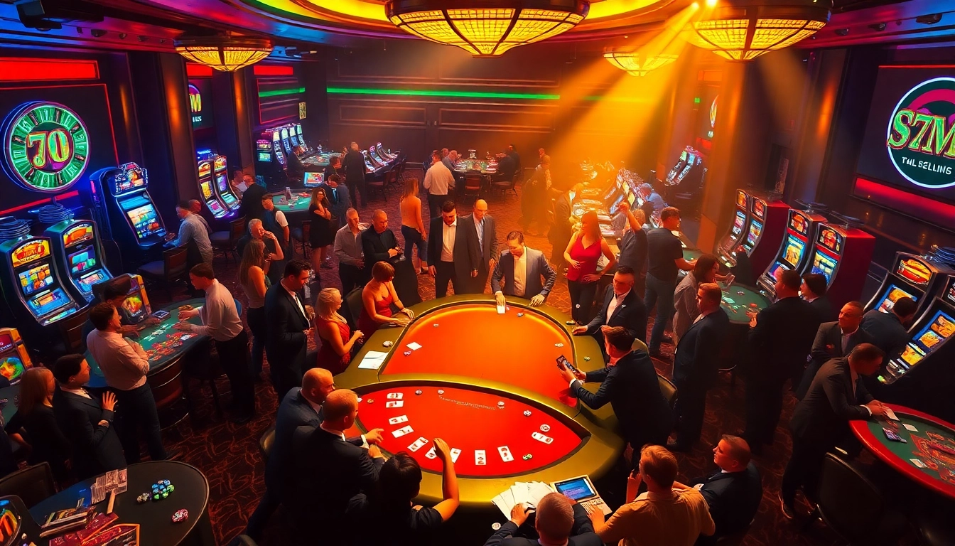 Engage in thrilling 7m casino action at a luxurious poker table, surrounded by vibrant games.
