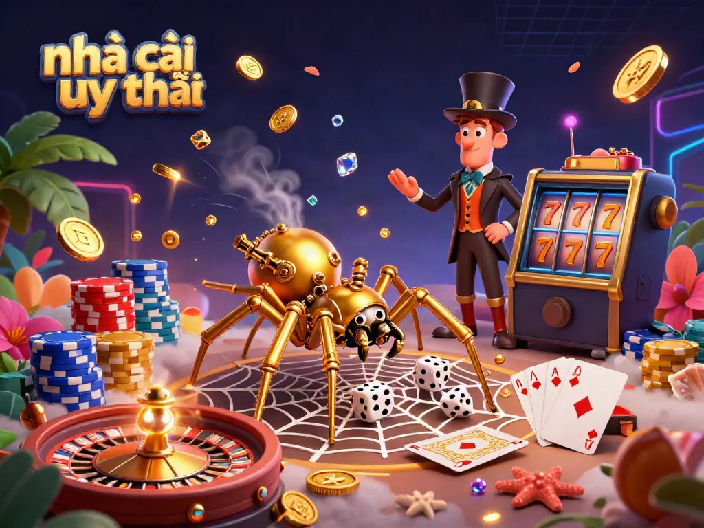 Experience excitement at nhà cái uy tín with a captivating 3D illustration of a golden spider and gaming elements.