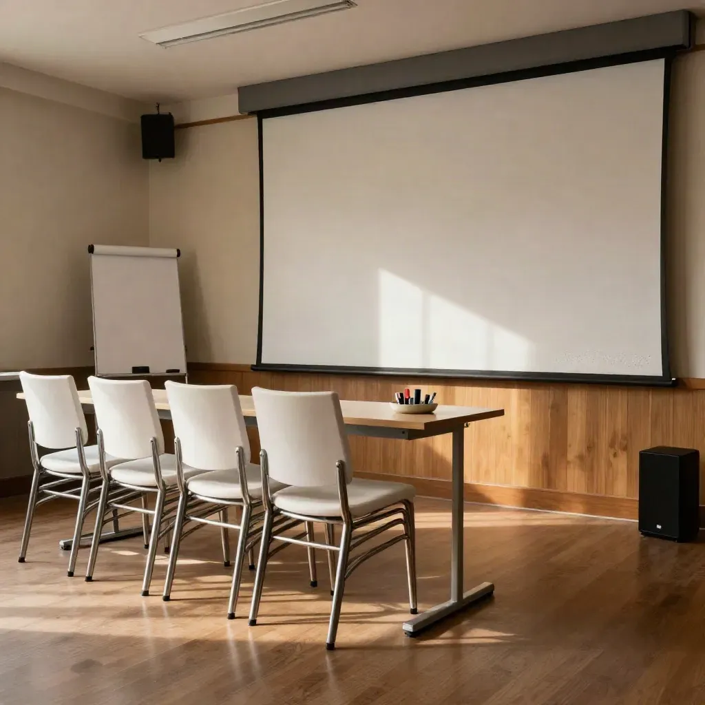 Sala de workshop vazia, com cadeiras empilhadas, flip chart enrolado e parede em branco.