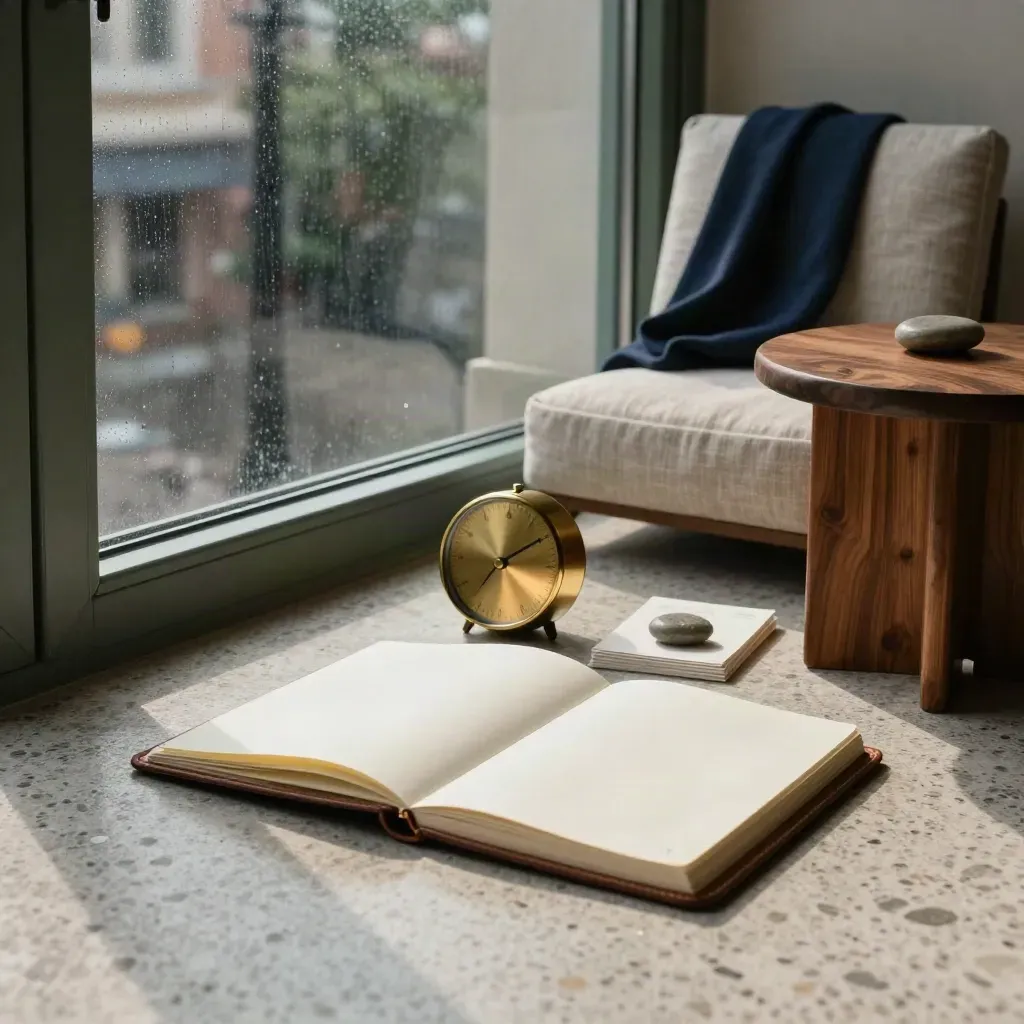 Cantinho de mentoria premium com caderno aberto, timer de latão e cartões de metas após a chuva.