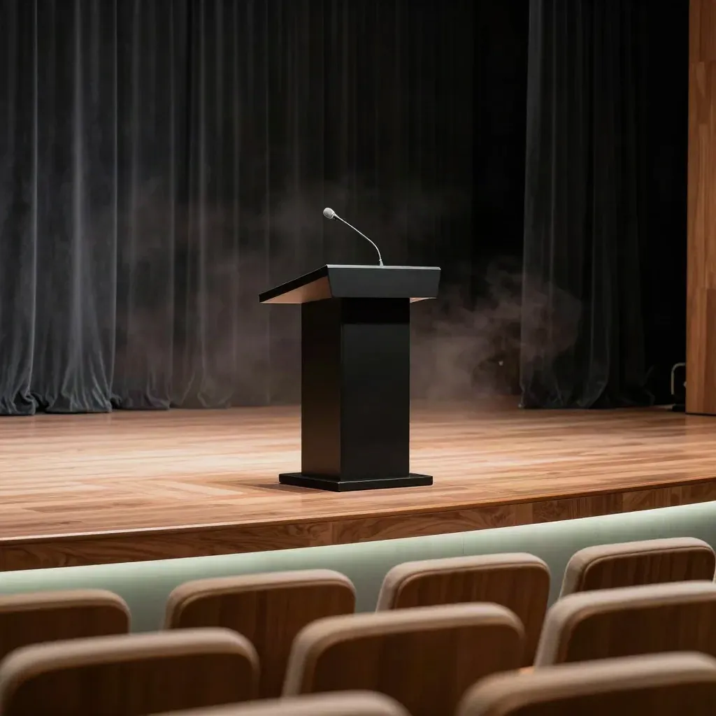 Palco vazio com púlpito minimalista, microfone sem fio e cortina de veludo, luz verde suave.