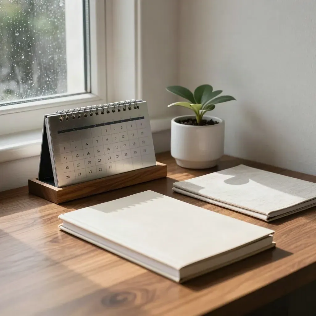 Canto de escritório boutique com blocos de calendário, cadernos e sombra de planta na parede.