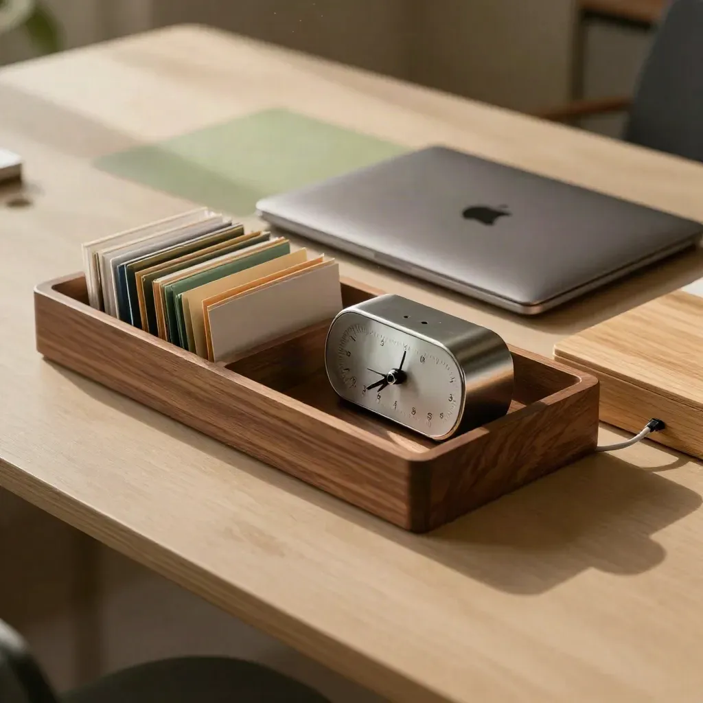 Mesa compacta com bandeja organizada, notebook fechado, timer e área livre.