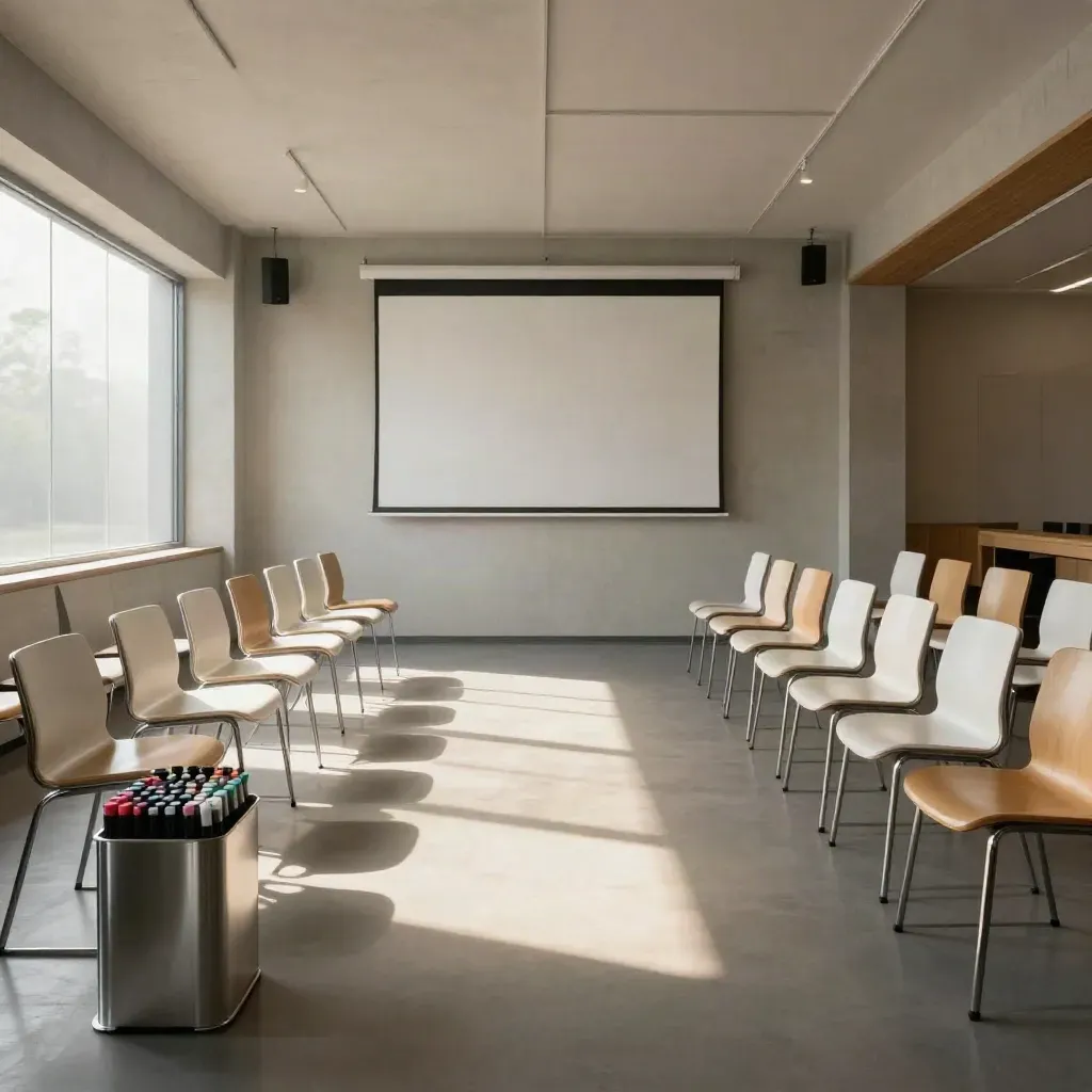 Sala de workshop vazia, cadeiras em arco, parede em branco e foco circular no piso, clima corporativo premium.