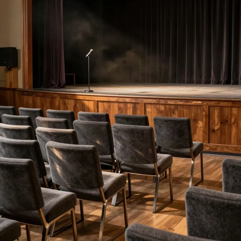 Palco montado com cadeiras, microfone e cortinas escuras em luz dramática.