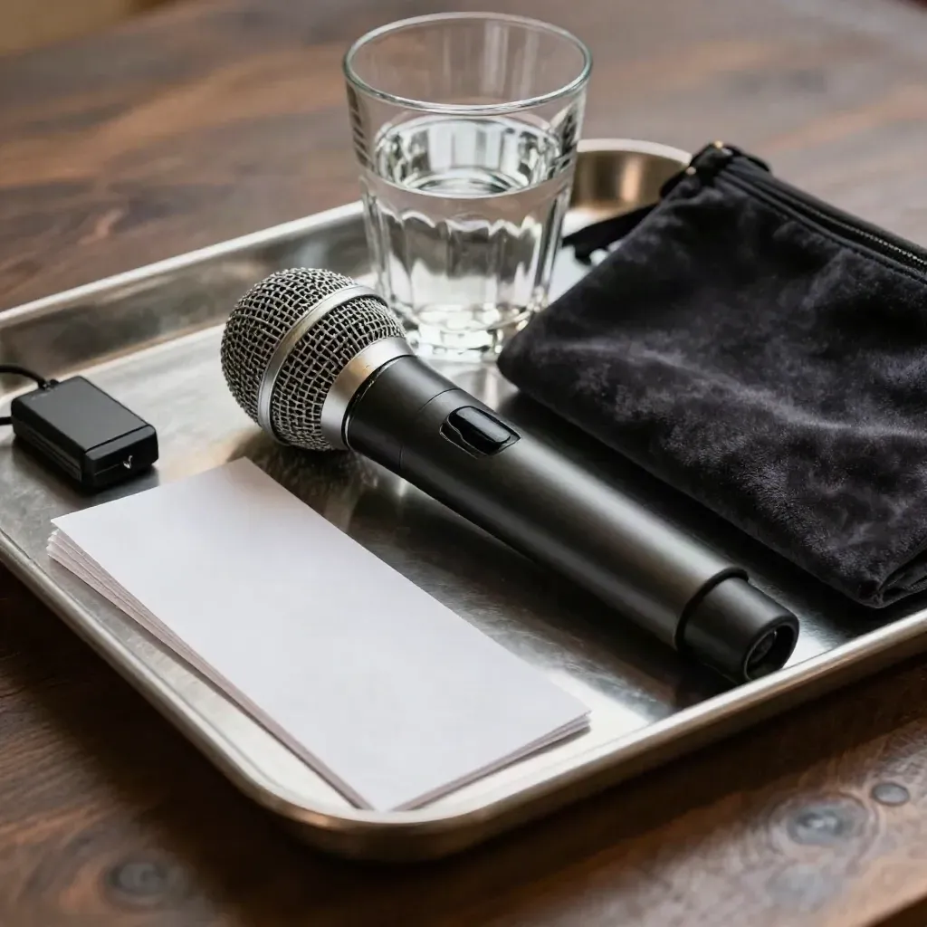 Kit de palestra com microfone, clicker, cartões e copo d'água em bandeja de aço.