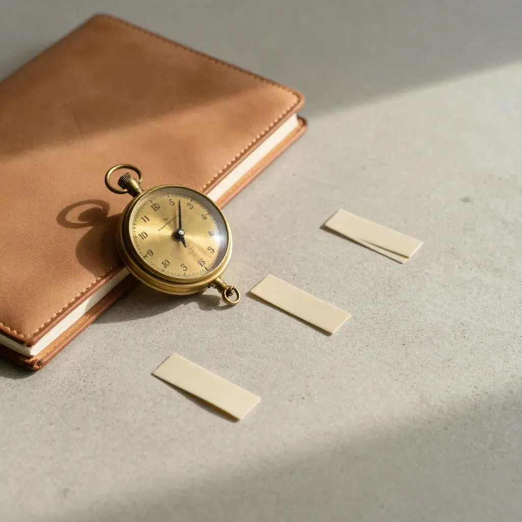 Notebook de couro, timer e abas sobre concreto, luz suave lateral, estilo editorial.