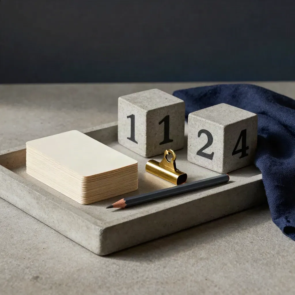 Tray de ação com cartões em branco, cubos de calendário e clipe de latão sobre pedra, luz suave lateral.