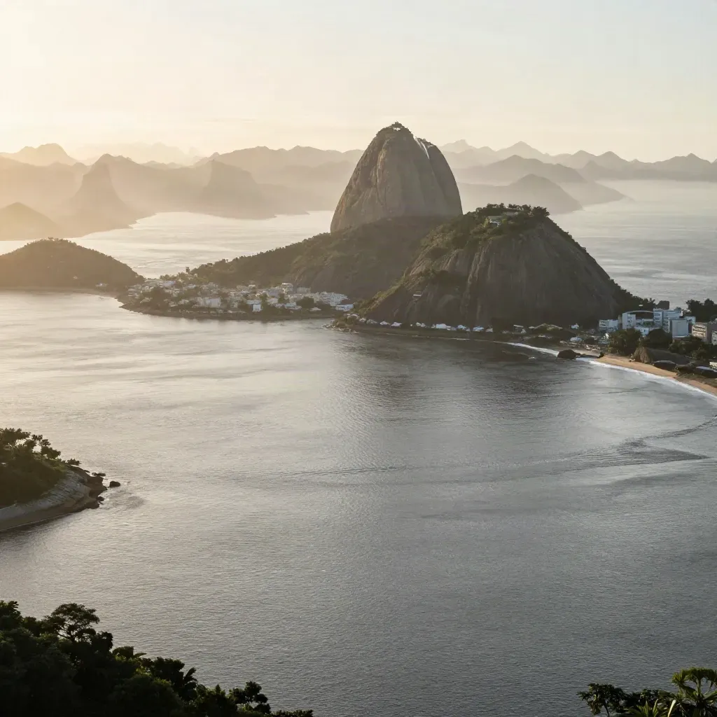Vista do Rio com baía prateada, morros em silhueta e névoa dourada ao entardecer.