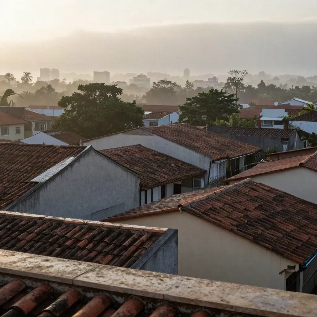 Vista aérea ao amanhecer sobre telhados, copas e névoa, com brilho urbano distante.