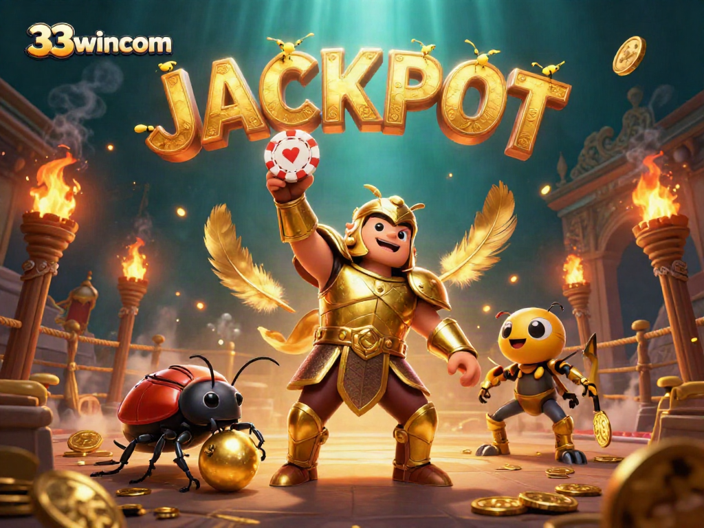 Engage with 33wincom’s thrilling gaming scene featuring a gladiator beetle and poker action.