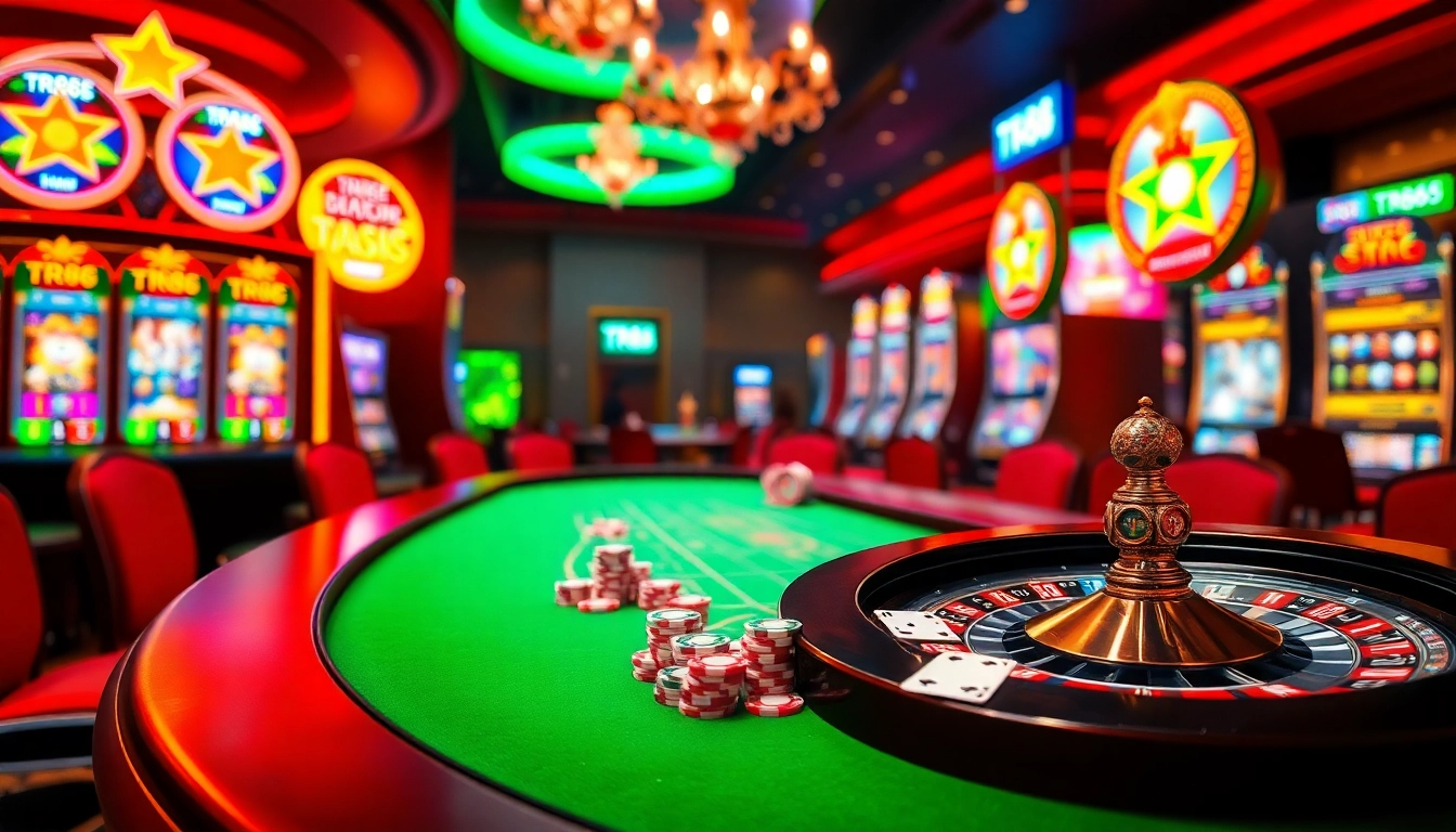 Exciting casino atmosphere showcasing TR88 poker chips and a glowing roulette wheel.