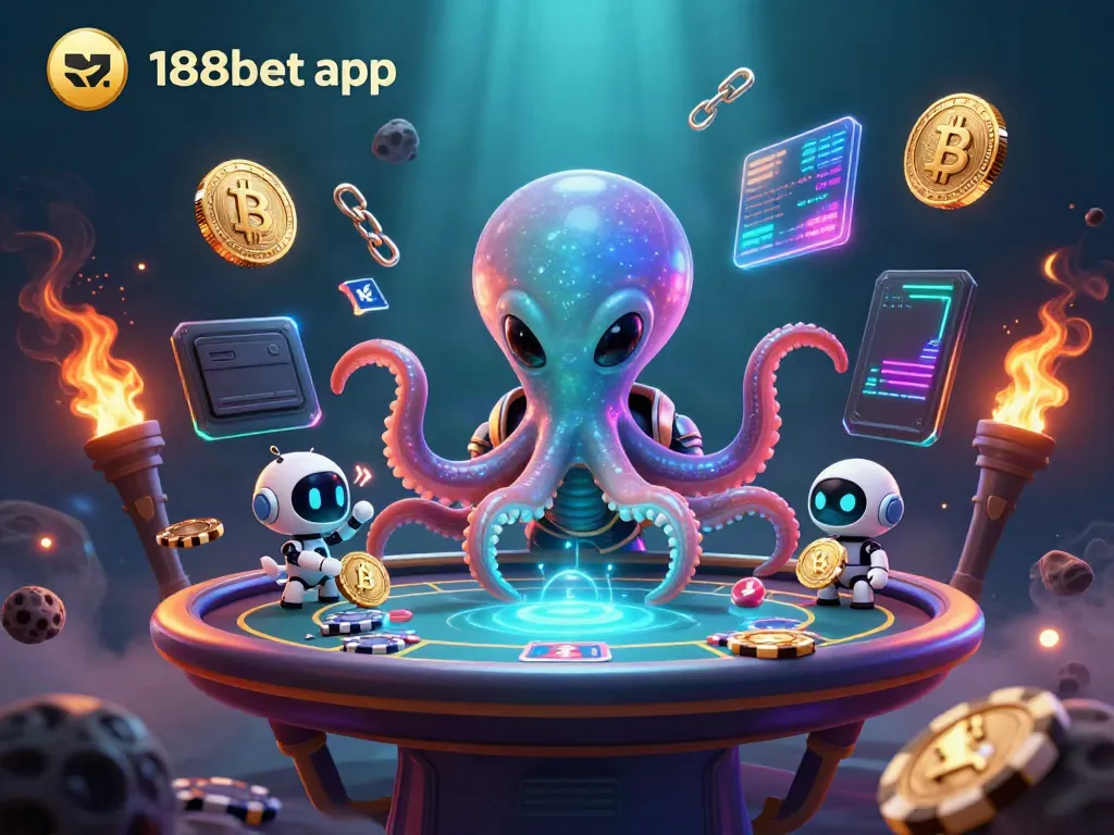 Experience the excitement of the 188bet app with a futuristic gambling scene featuring an alien octopus and holographic poker.