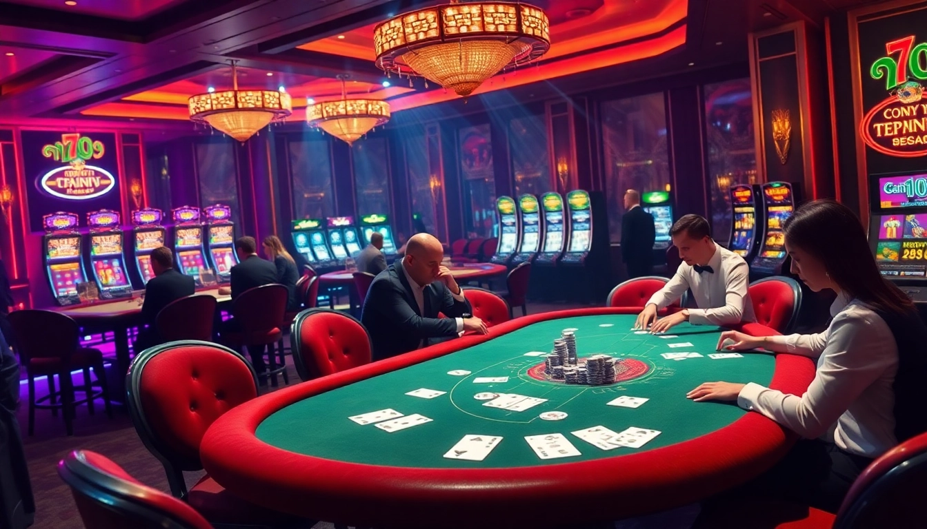 Alo789 casino scene with luxurious tables, vibrant lighting, and engaging players in action.