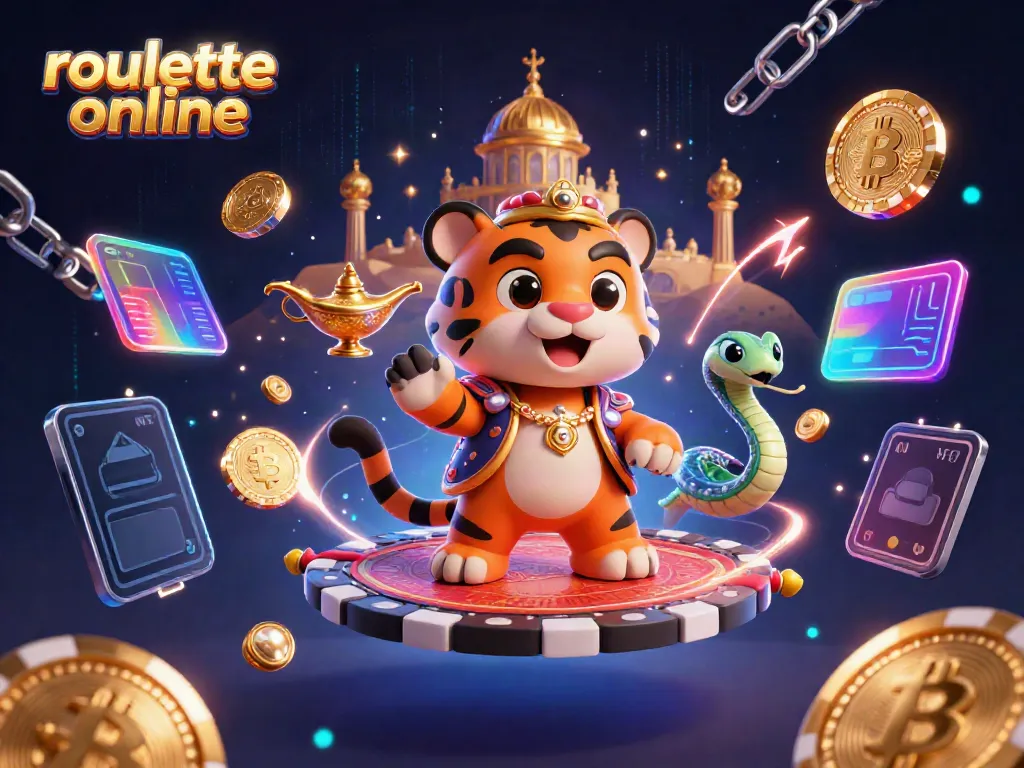 Experience thrilling roulettes online with a captivating scene of a tiger sultan on a poker chip carpet amidst glowing casino elements.