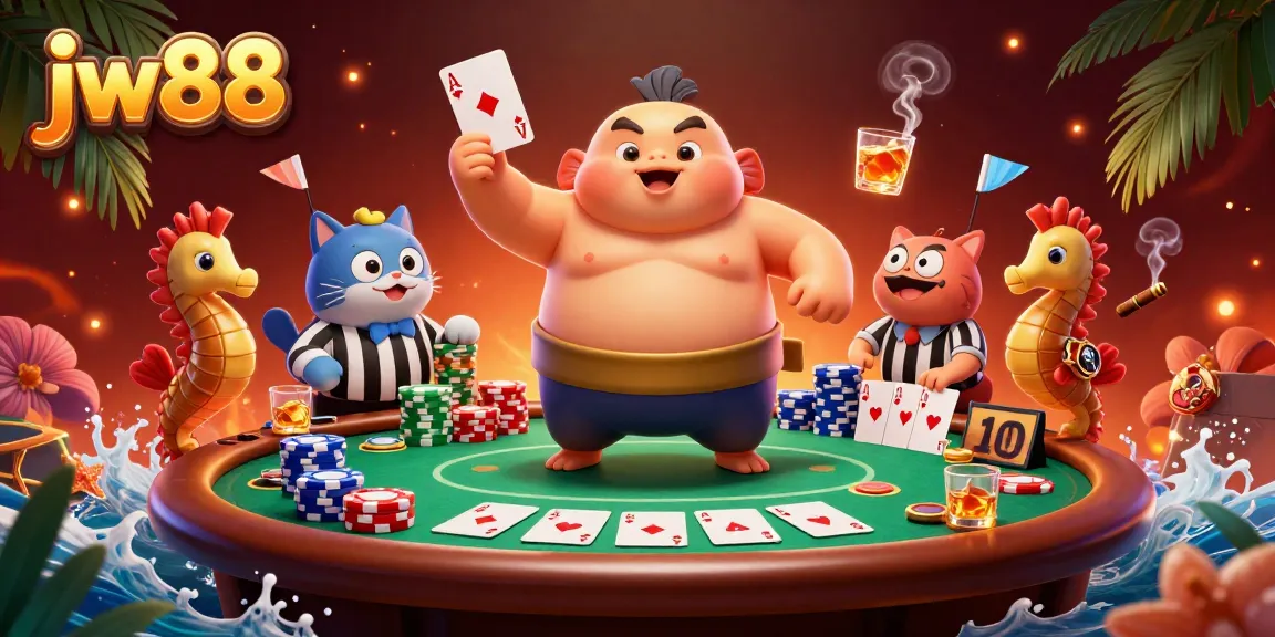 Engage with exciting poker action at jw88 featuring a 3D fugu sumo wrestler and vibrant casino elements.