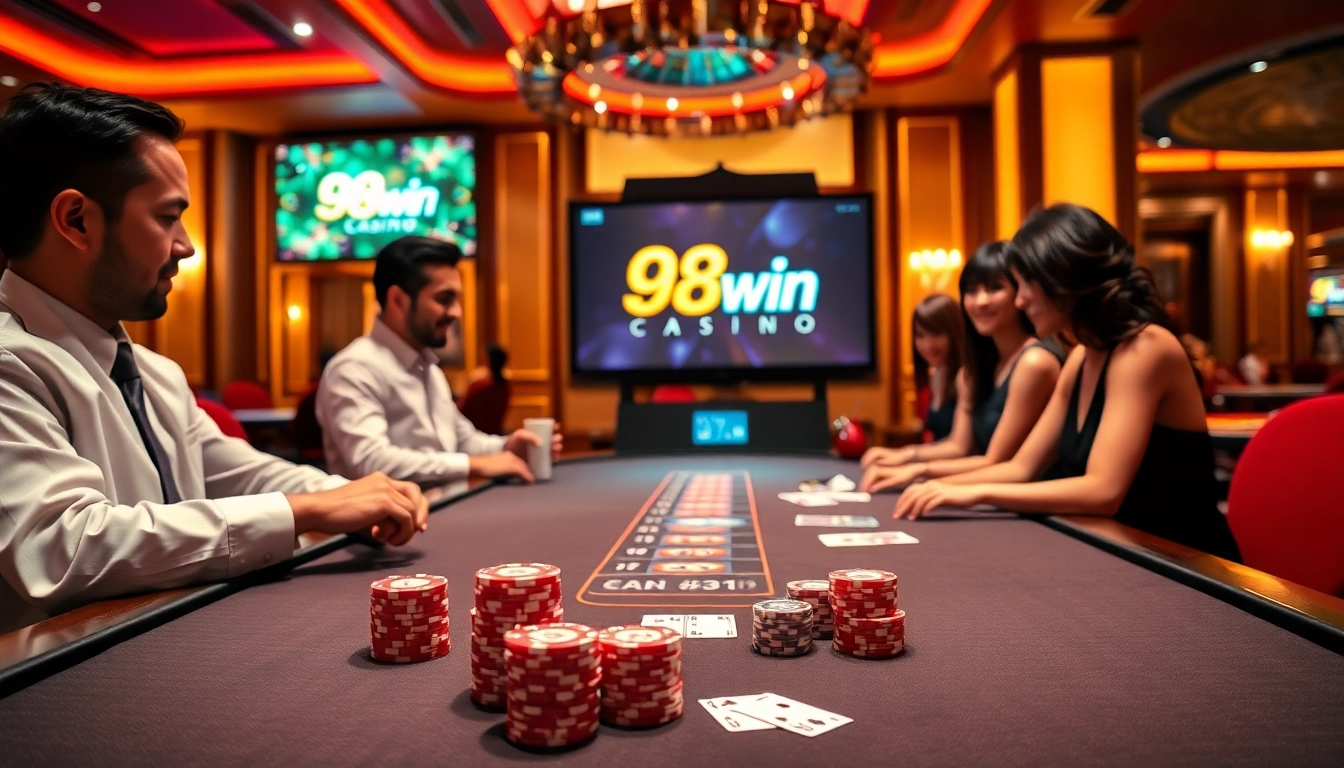 Experience excitement at 98win casino with a vibrant blackjack table and shining poker chips.