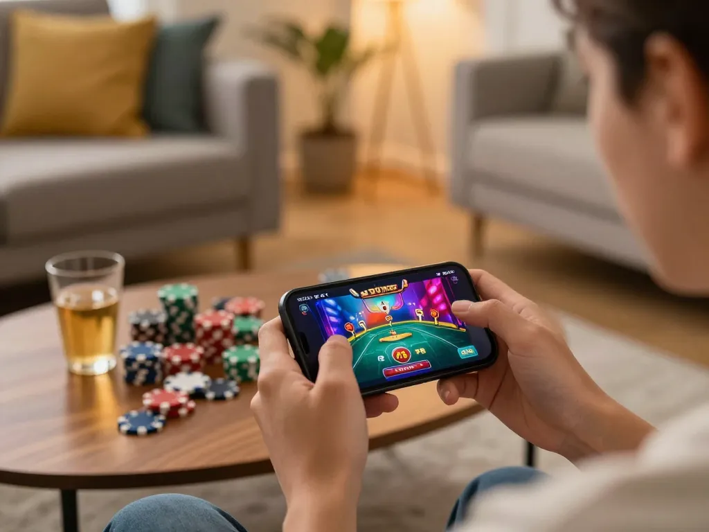 A player enjoys dynamic online gaming with 27G app in a cozy living room, surrounded by poker chips and a drink.