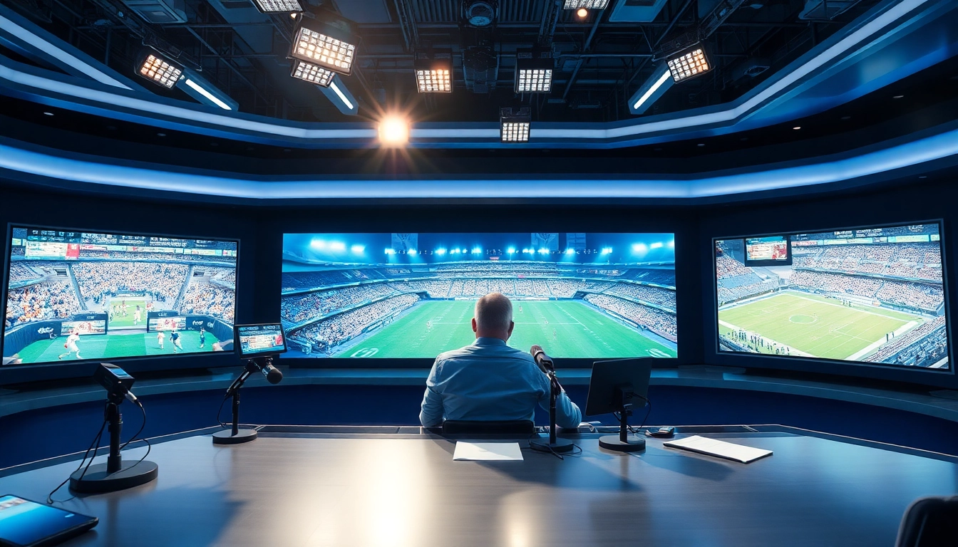 Experience dynamic sports broadcasting with a commentator in an energetic newsroom setting.