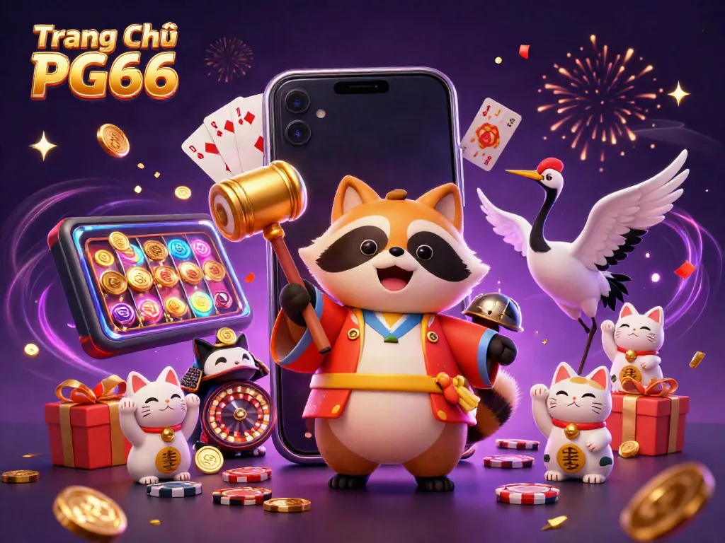 Celebrate big wins at Trang Chủ PG66 with colorful slot games, cheerful characters, and golden coins.