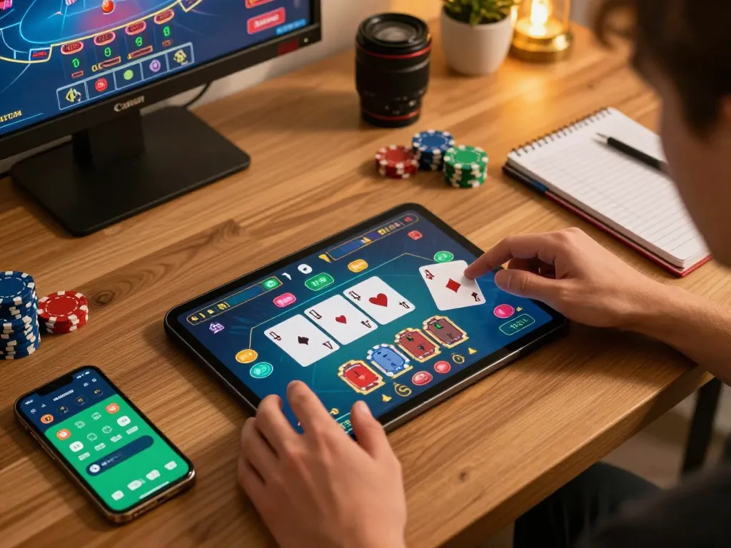 Player engaging with 22ff live dealer game on tablet while managing strategy notes in cozy home office.