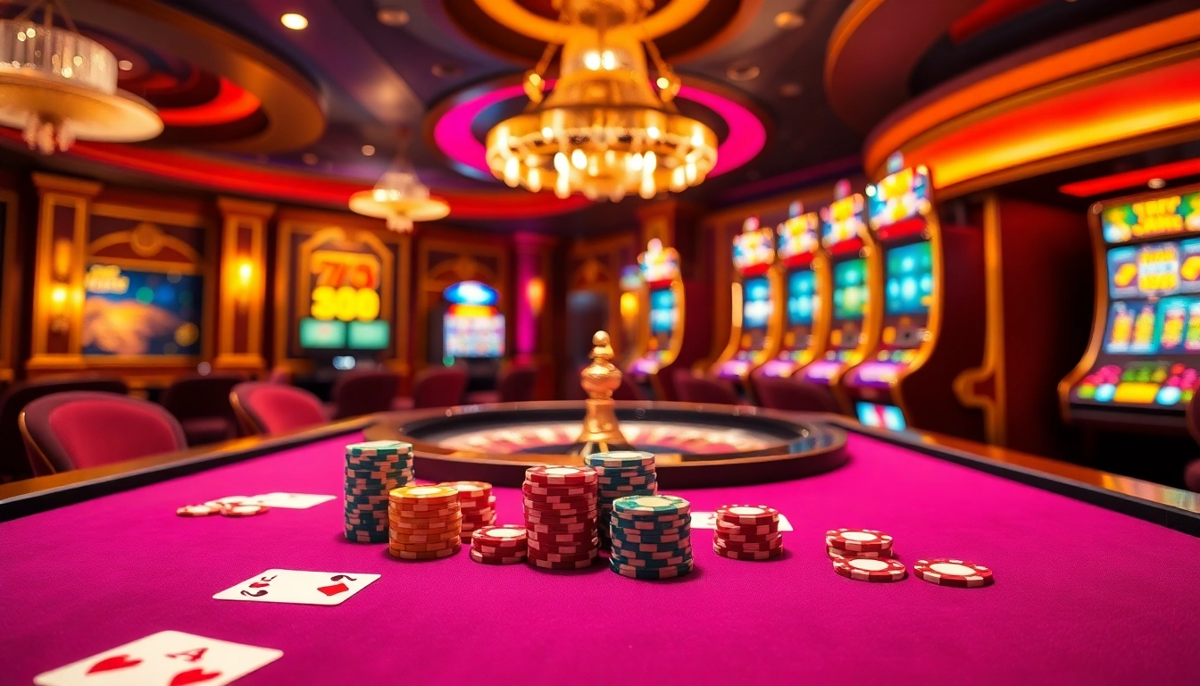 Experience thrill and excitement at 78win's luxurious casino with vibrant tables and slot machines.