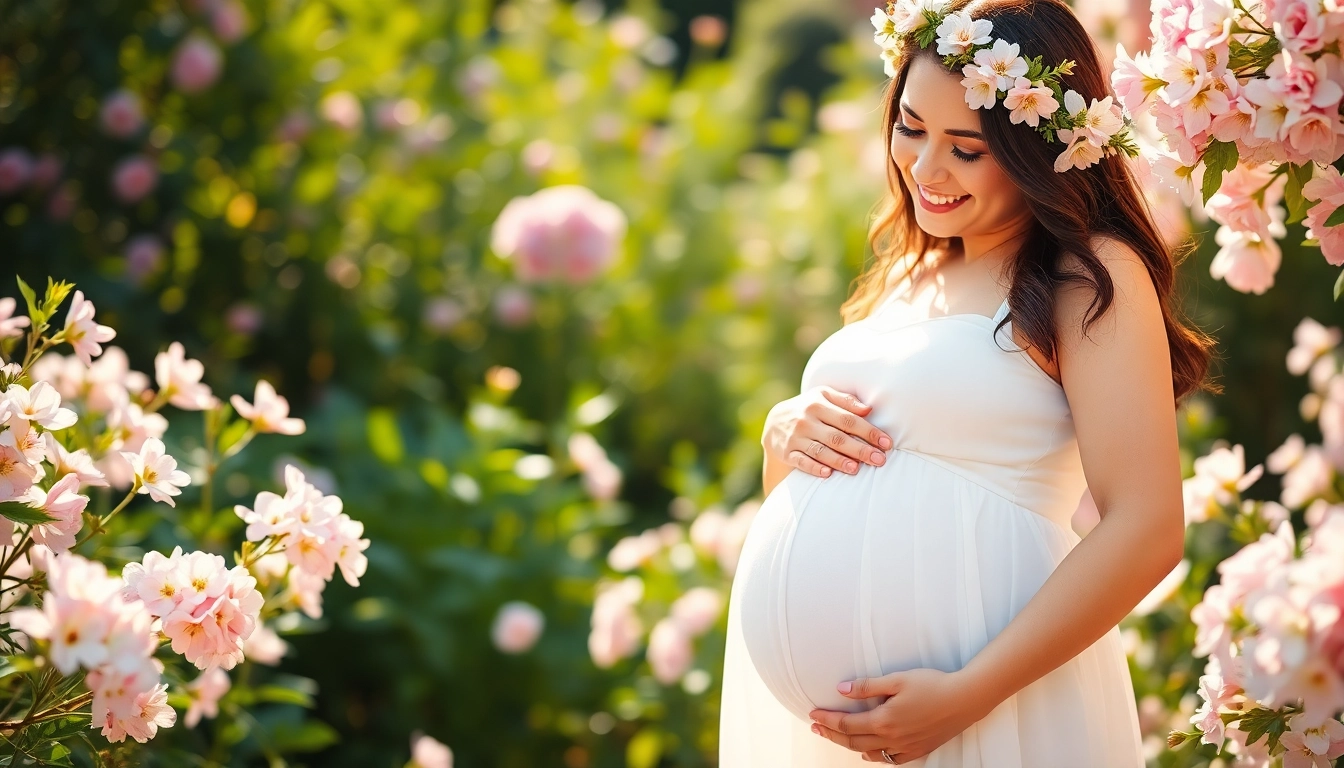 Capturing a Babybauch Fotoshooting, an expectant mother radiates joy among blooming flowers.