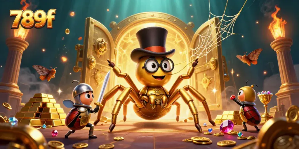 Experience the enchanting allure of 789f with a golden tarantula and beetle knight in a casino setting.