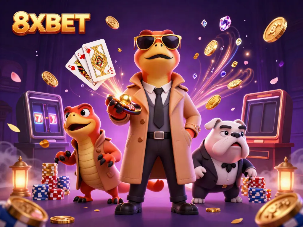 Join the fun at 8XBET with raptors in disguise and vibrant casino elements!