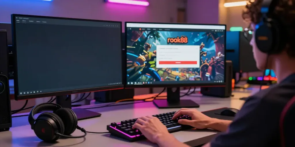 rokok88 login on a gaming desktop with vibrant LEDs, dynamic atmosphere