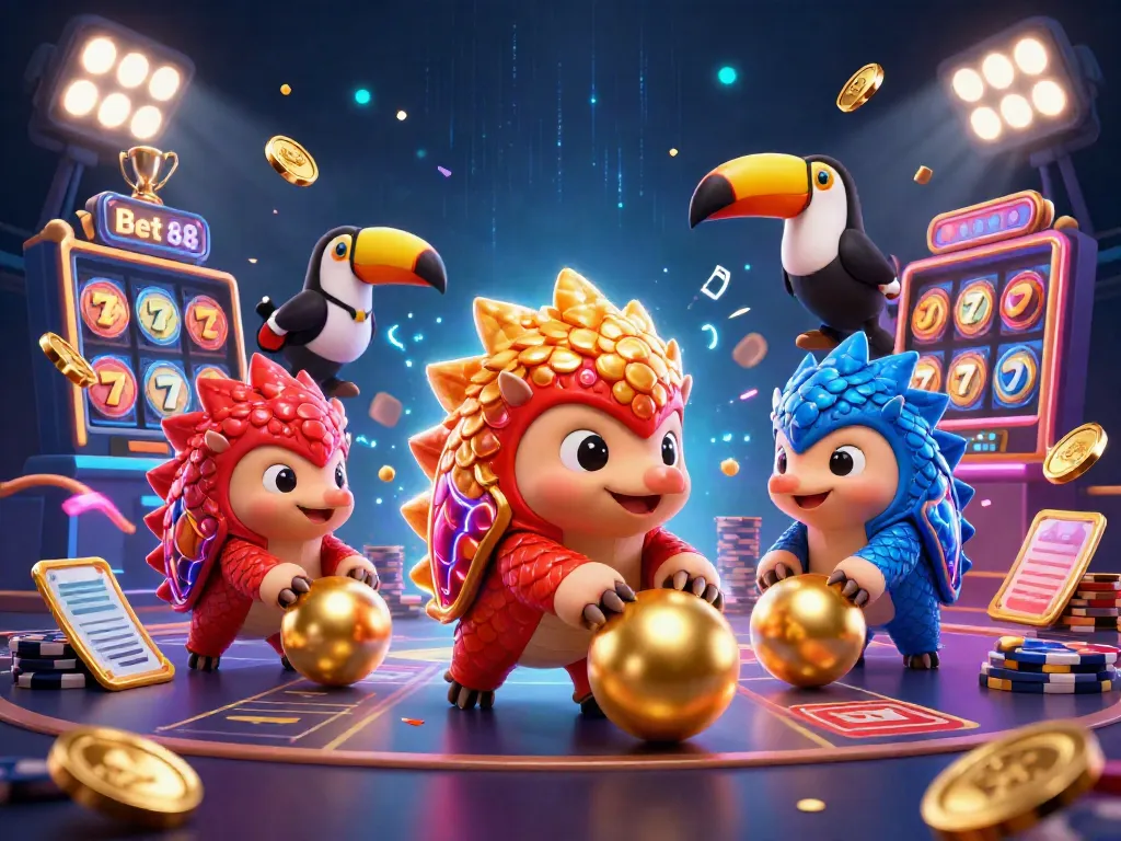 Experience the excitement of Bet 88 with rivalry pangolins competing over slots and poker in vibrant digital art.