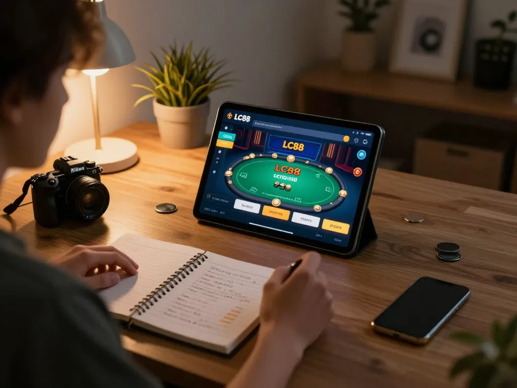 Engaging in strategic online poker gameplay on lc88 app in a cozy home setting, featuring tablet interface and betting notes.