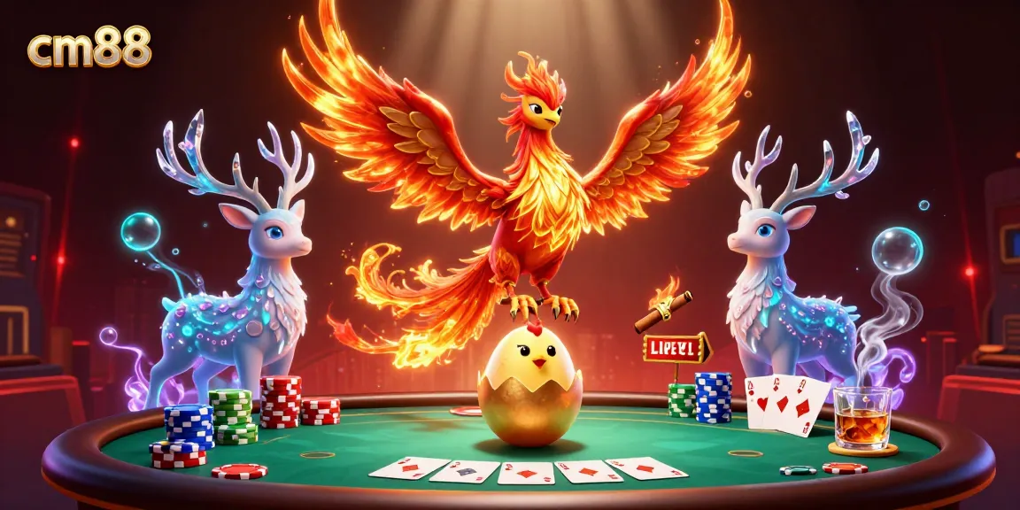 Engage at cm88 with a vibrant 3D casino scene showcasing poker excitement and mythical characters.