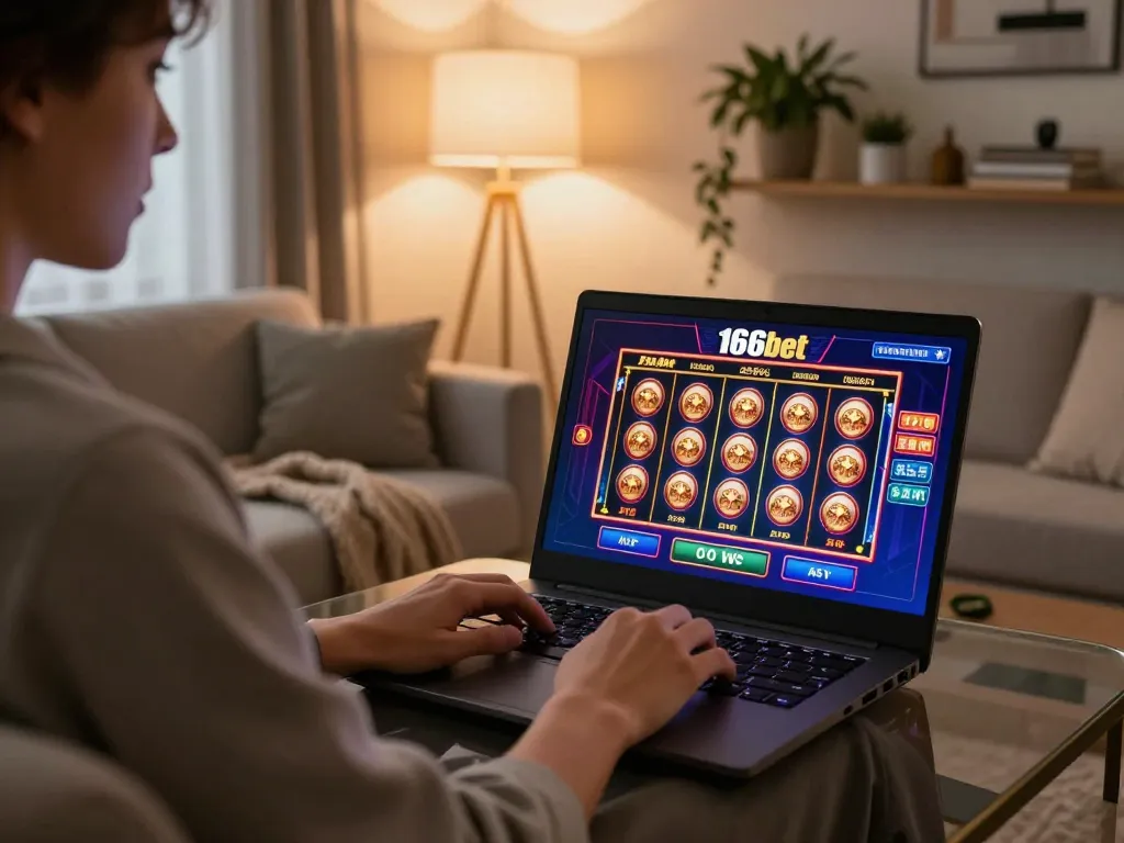 Jogador se envolvendo com jogos de cassino 166bet em um laptop em um ambiente aconchegante, destacando o jogo estratégico.