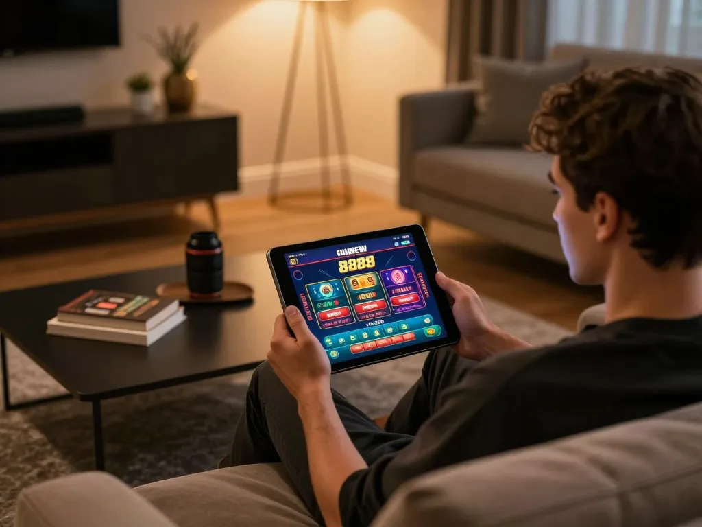 Player engaging with 888NEW on tablet, showcasing online casino gameplay within a cozy home setting