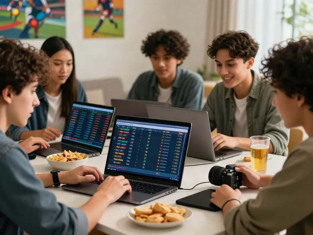 Friends enjoying live sports betting at https://uk88win.org/ with snacks and excitement in a vibrant atmosphere.